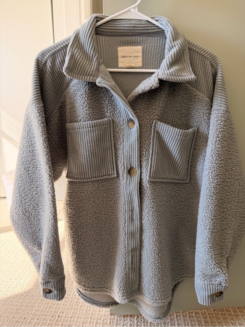 American Eagle Outfitters Light Gray Sherpa Button-Front Cardigan